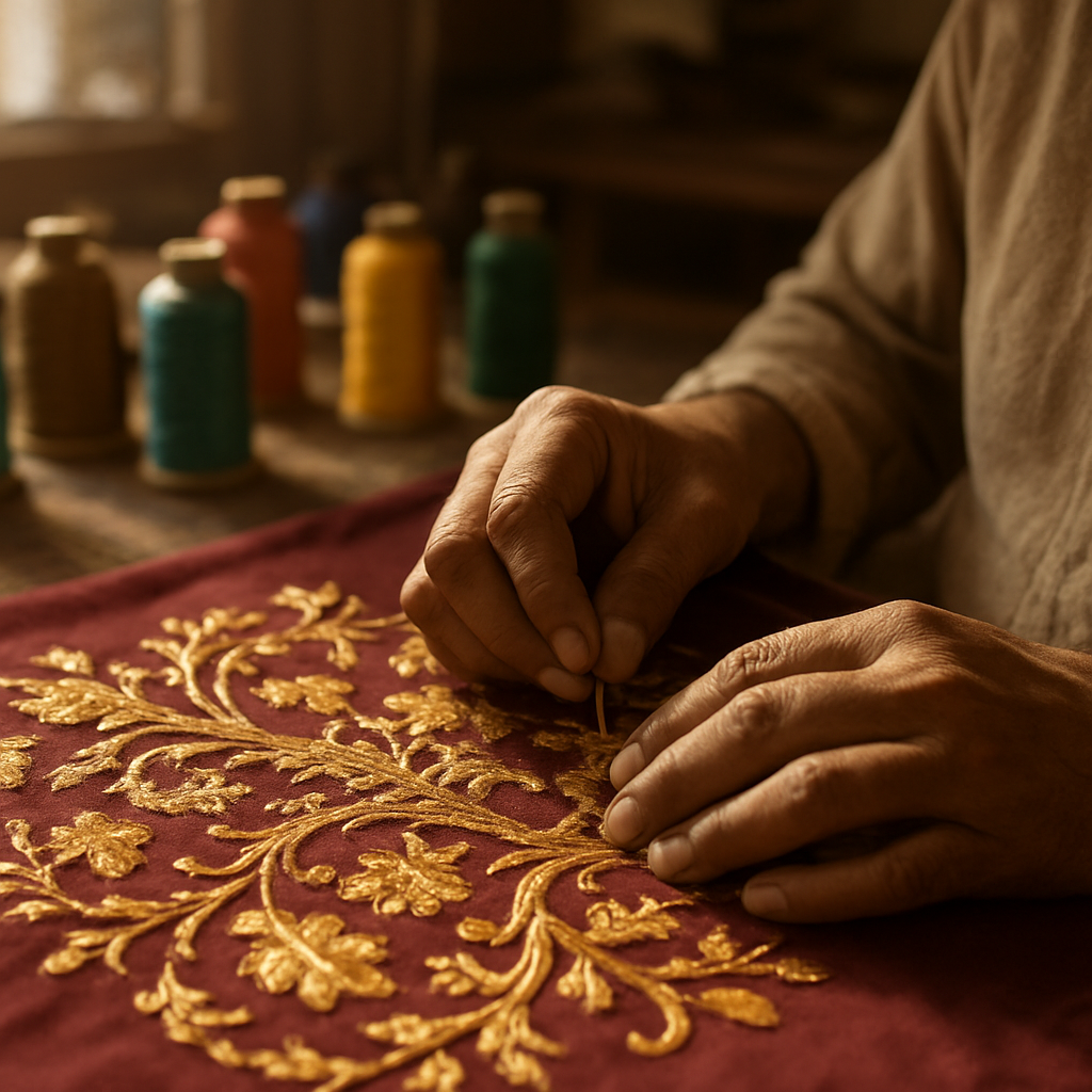 Artisan hand-embroidering gold thread onto rich fabric