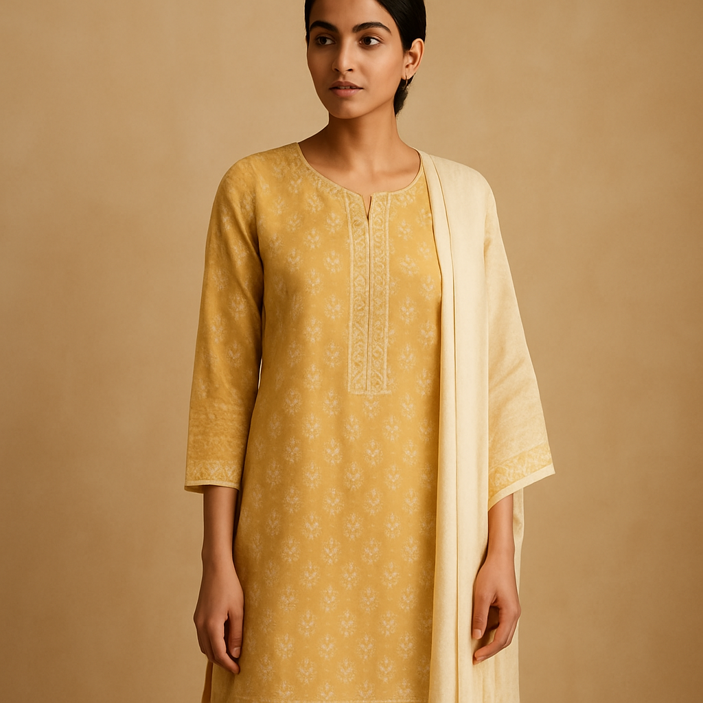 Mustard and ivory kurti suit with block-print detailing