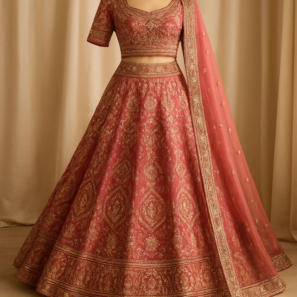 Rose pink lehenga with gold embroidery