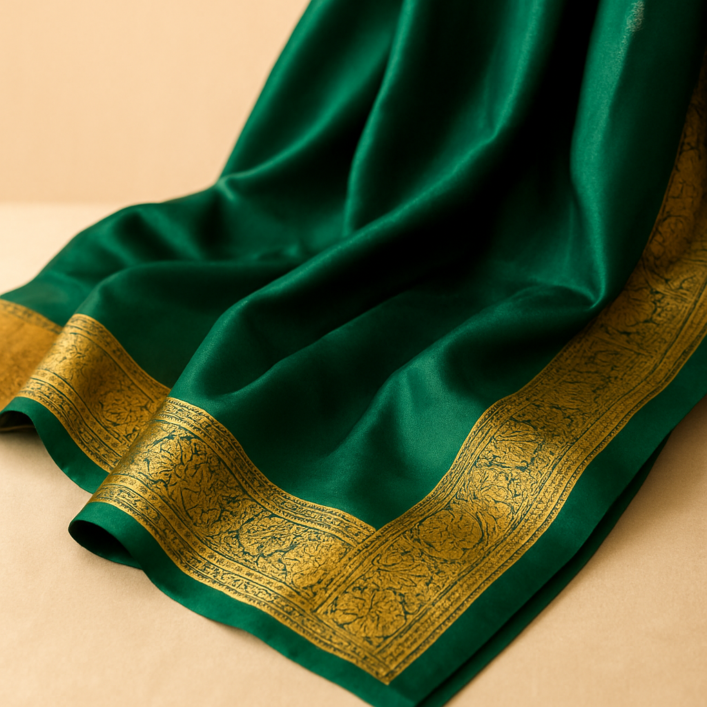 Emerald and gold silk saree with handwoven border