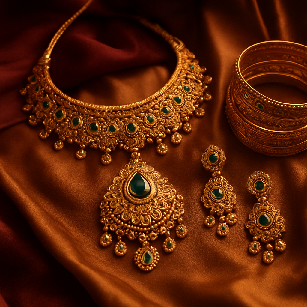 Gold and emerald Indian jewelry on draped silk