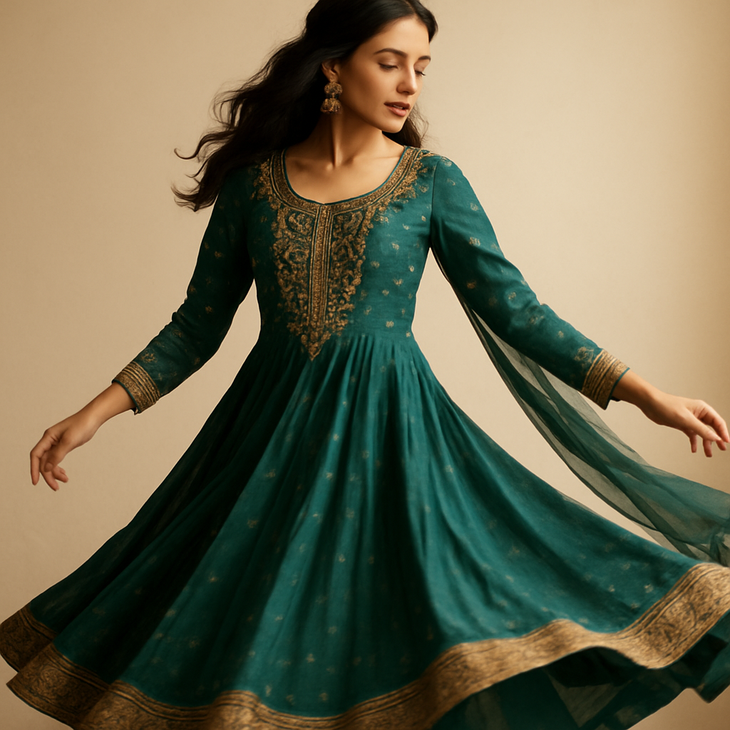 Woman twirling in a teal and gold anarkali suit
