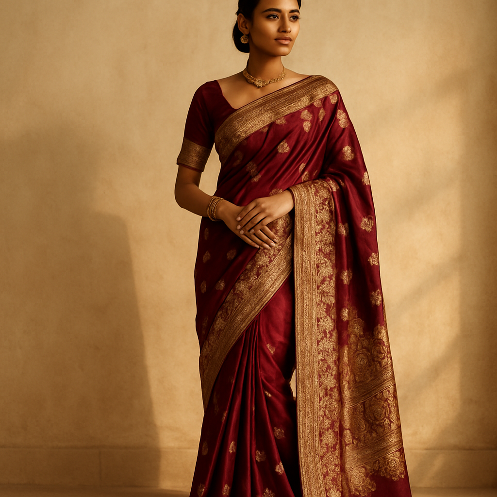 Model wearing an embroidered maroon and gold silk saree
